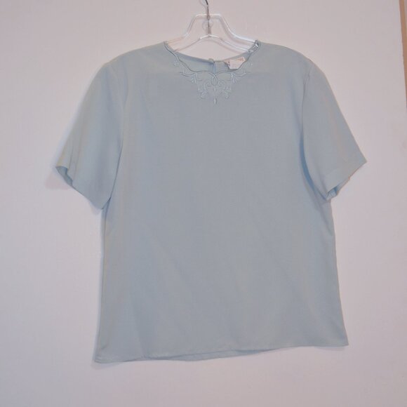 LAUREN LEE PETITE USA Embroidered Neck Polyes Short Sleeves Light Teal Blouse 4P - Picture 1 of 9